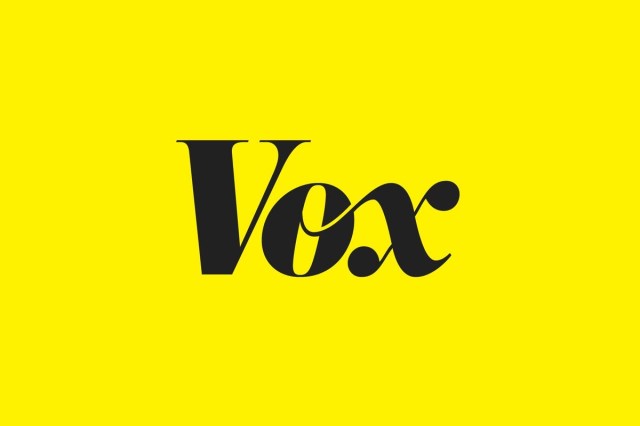 Vox logo. Black lettering on yellow background.