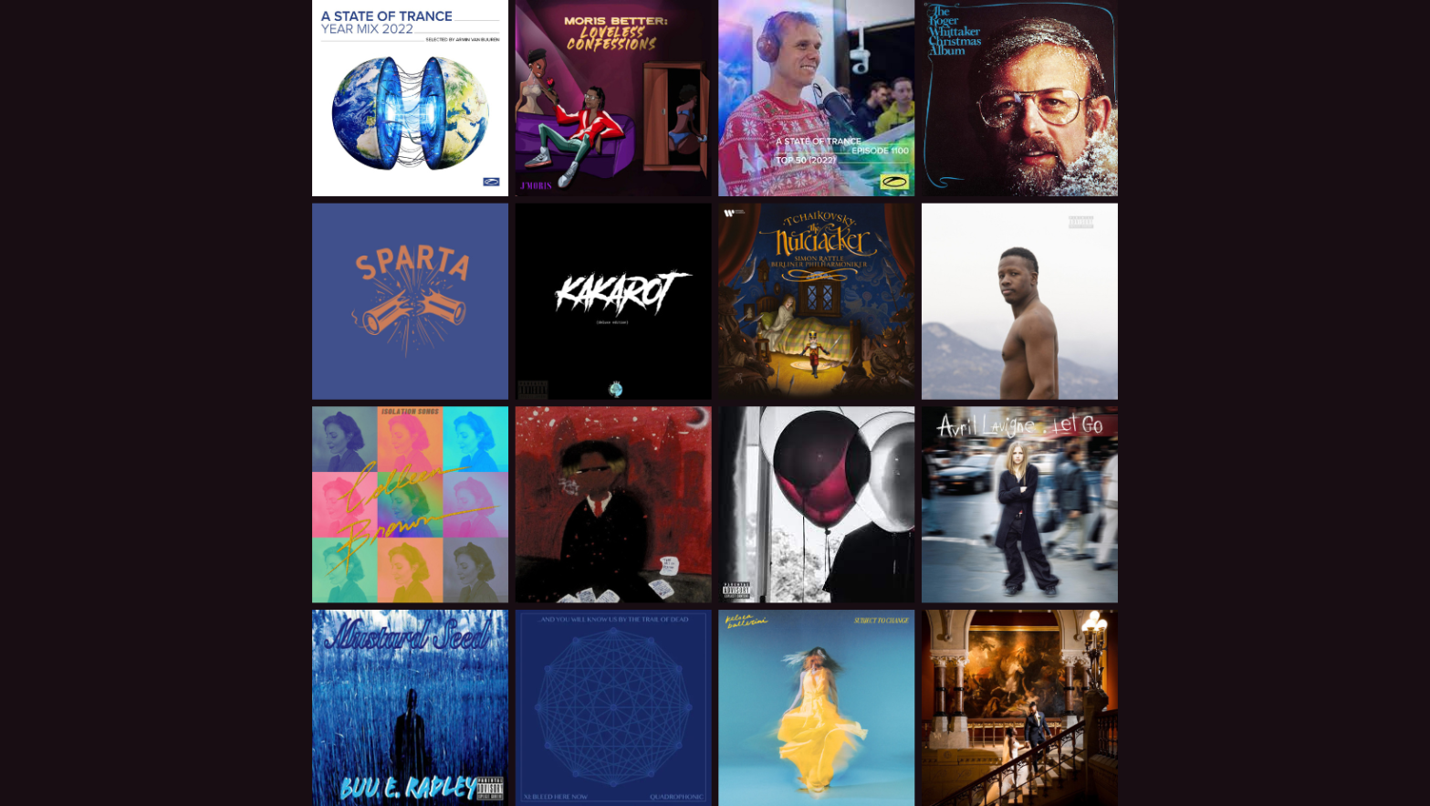 The covers of the sixteen albums that Jessica DeWitt listened to the most in 2022